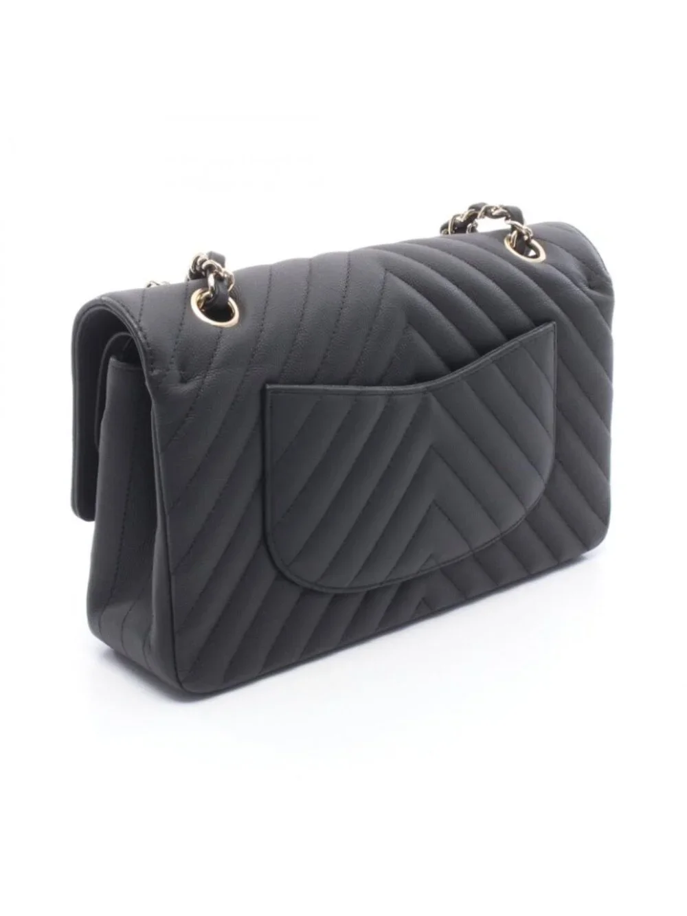 Chanel Shoulder Bag Chevron Stitch Double Flap Black Caviar Leather Chain